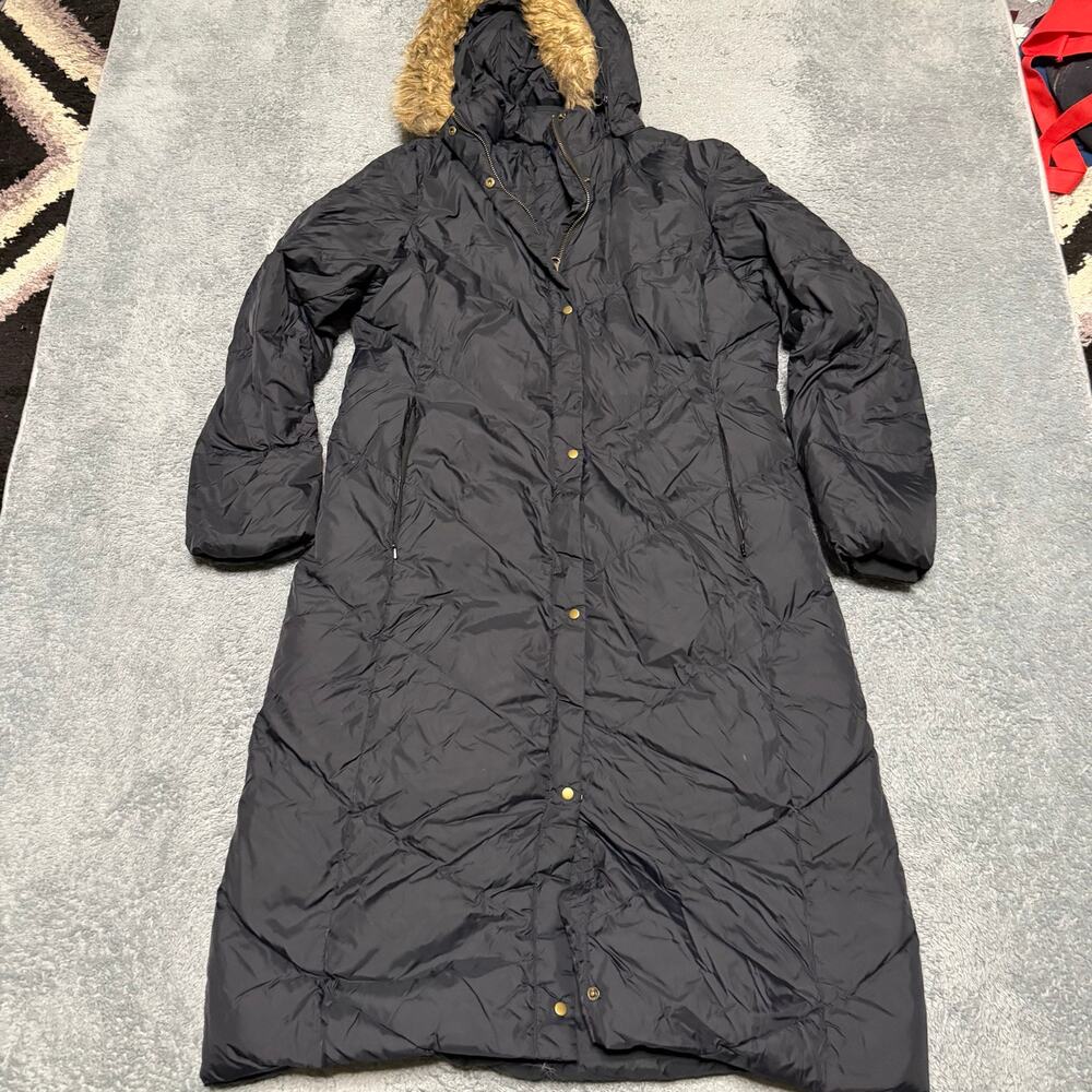 Lands End Down Puffer Coat Womens Medium Black Long Winter Jacket Hooded